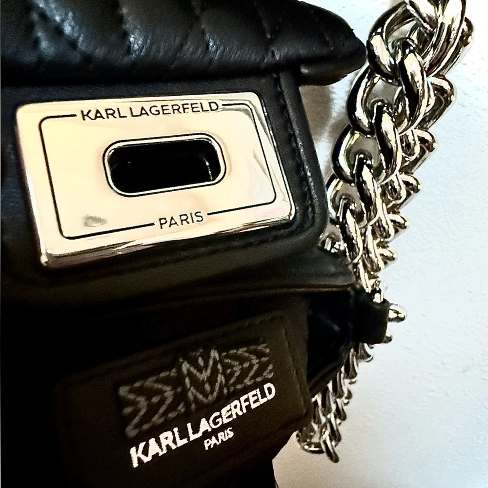 Karl Lagerfeld Micro Mini purse bag Black Quilted Leather & CHUNKY Silver Chain - Picture 8 of 17